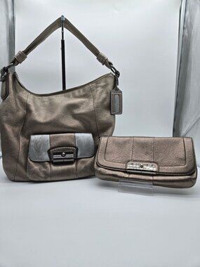 Coach Kristen Metallic Slouch Leather Handbag Hobo Shoulder Bag Front Pocket w/